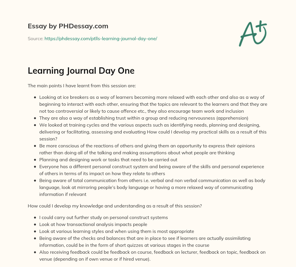 Learning Journal Day One essay