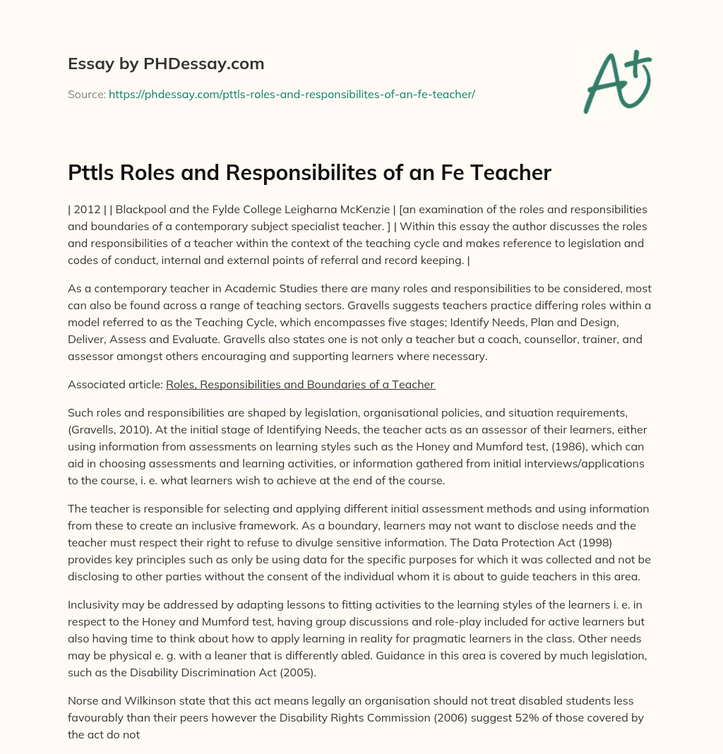 PTTLS Roles and Responsibilities of a FE Teacher essay