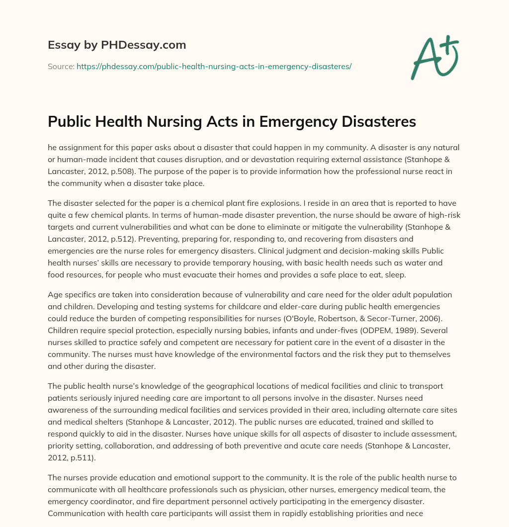 Public Health Nursing Acts in Emergency Disasteres essay