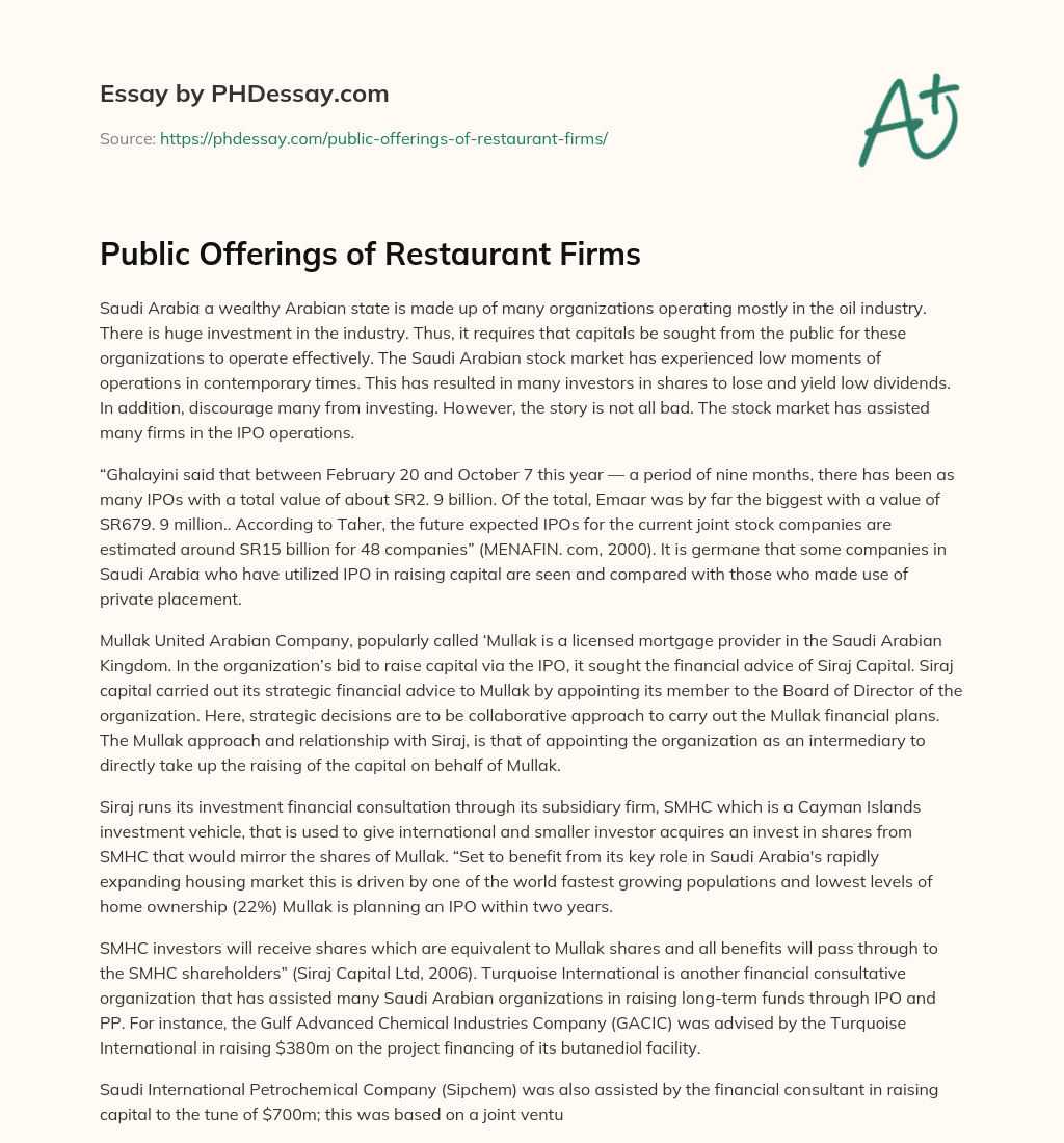Public Offerings of Restaurant Firms essay