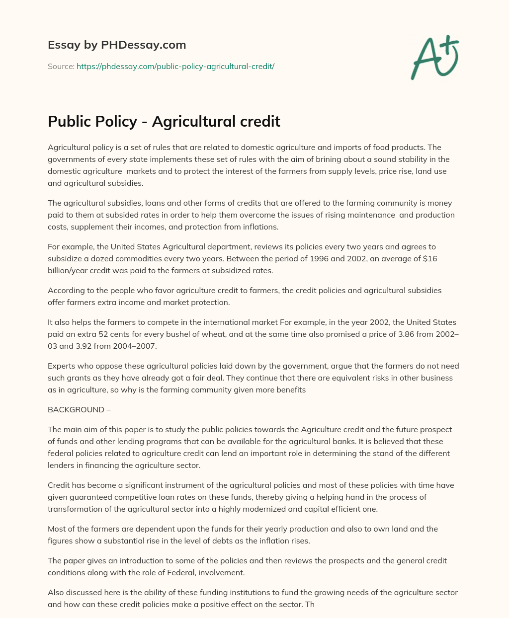 Public Policy – Agricultural credit essay