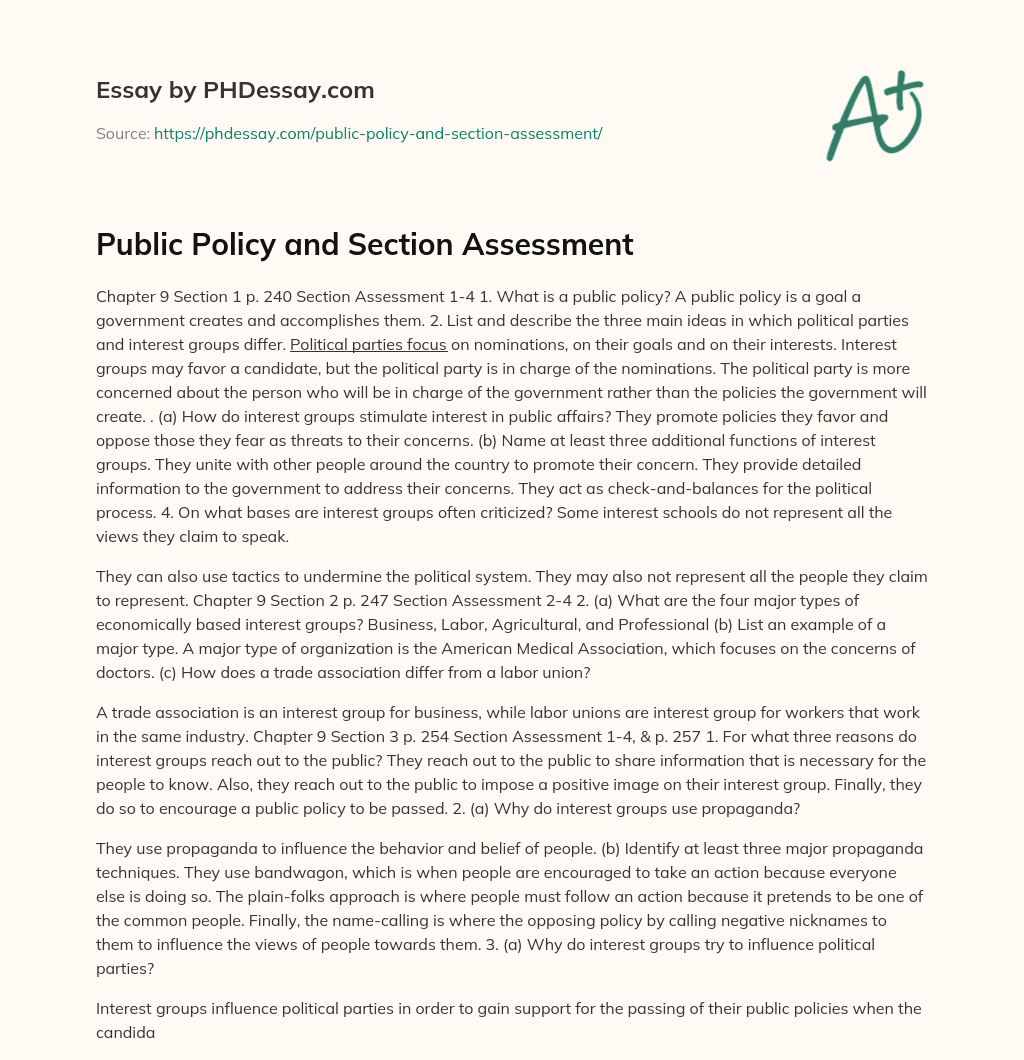 Public Policy and Section Assessment essay