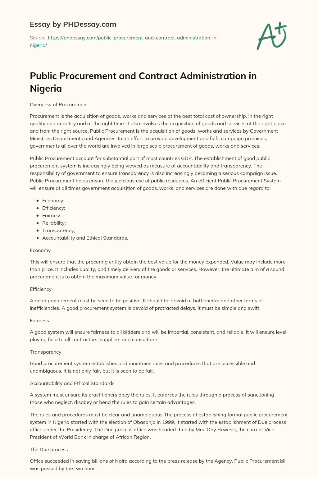 Public Procurement and Contract Administration in Nigeria essay