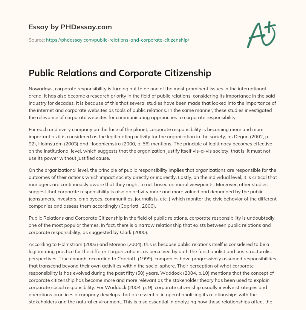 Public Relations and Corporate Citizenship essay