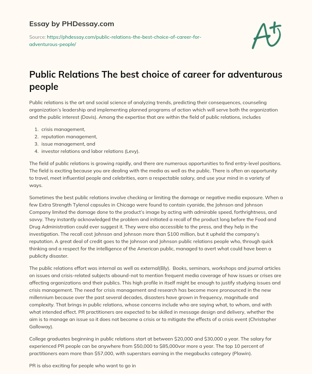 Public Relations The best choice of career for adventurous people essay