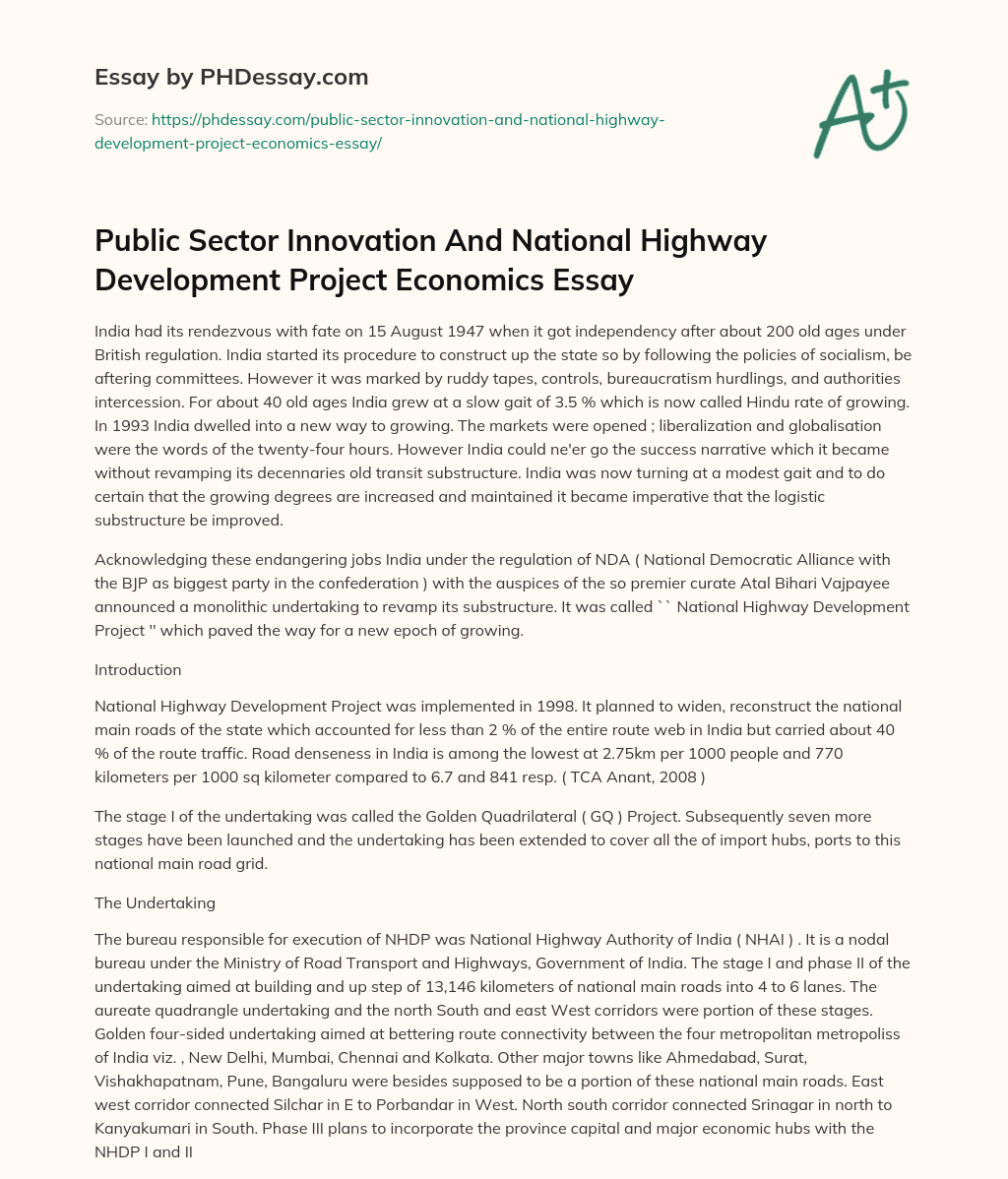 Public Sector Innovation And National Highway Development Project Economics Essay essay