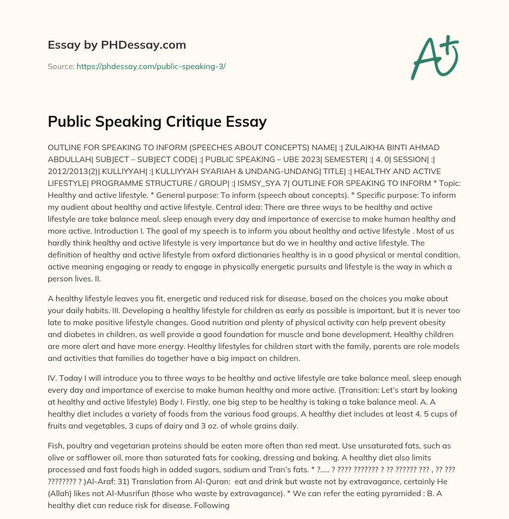 Public Speaking Critique Essay essay