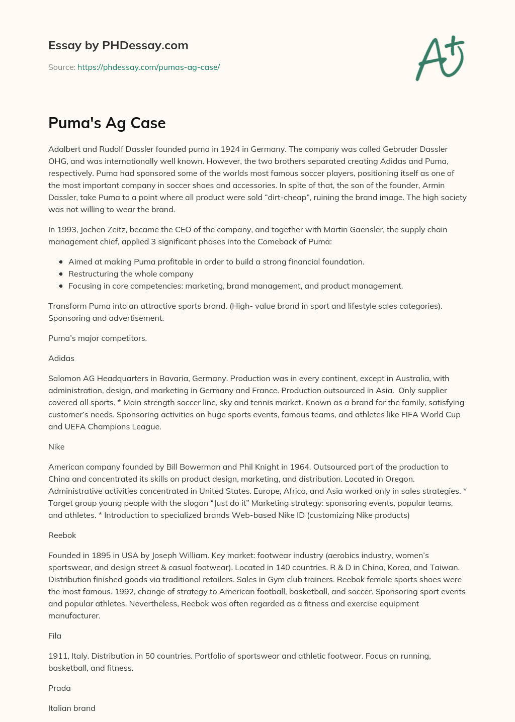 Puma’s Ag Case essay