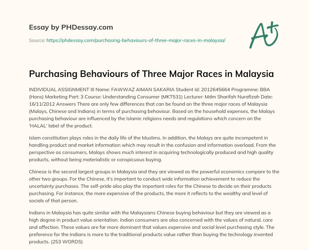Purchasing Behaviours of Three Major Races in Malaysia essay