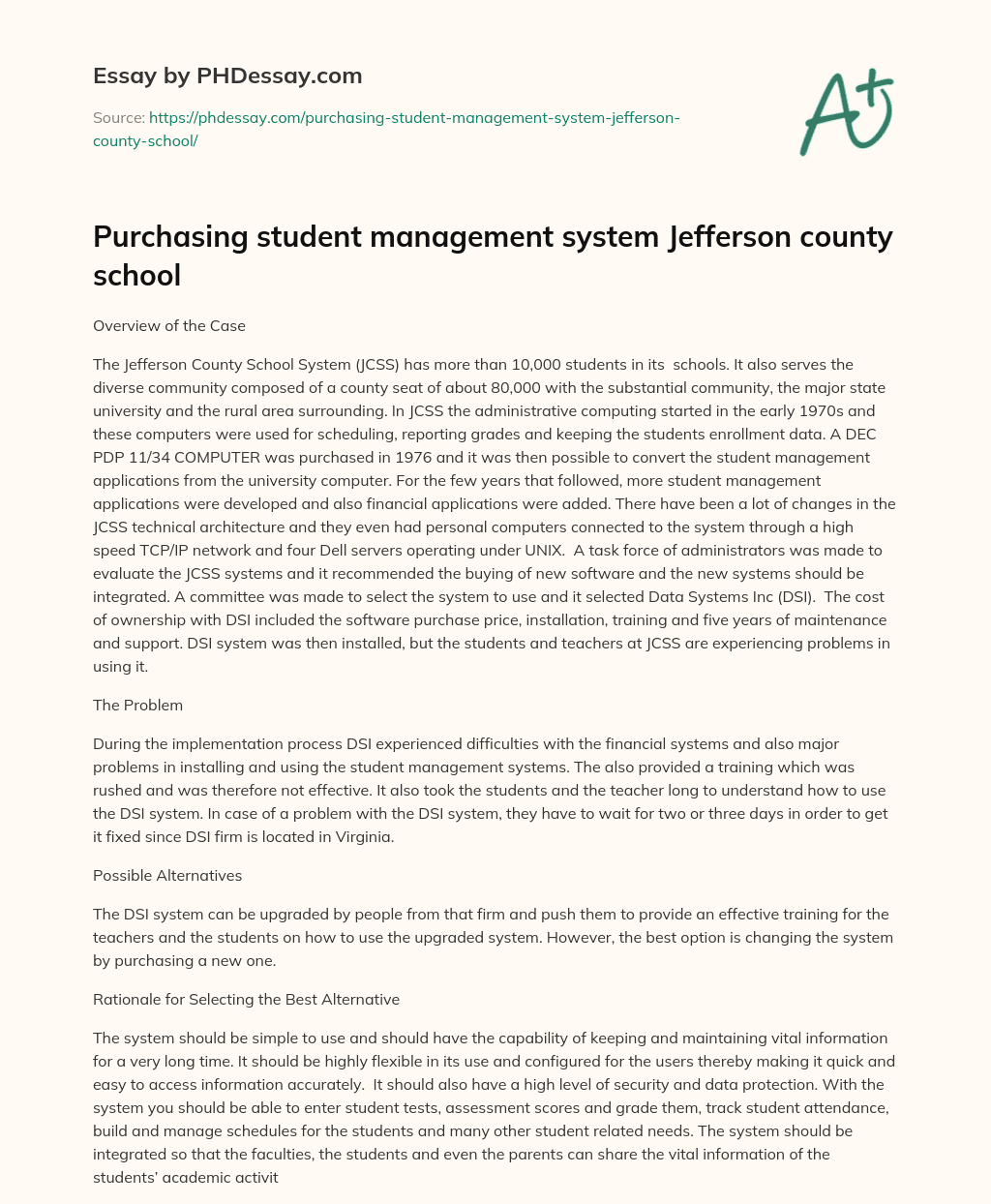 Purchasing student management system Jefferson county school essay