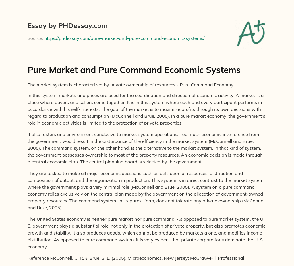 Pure Market And Pure Command Economic Systems 400 Words PHDessay