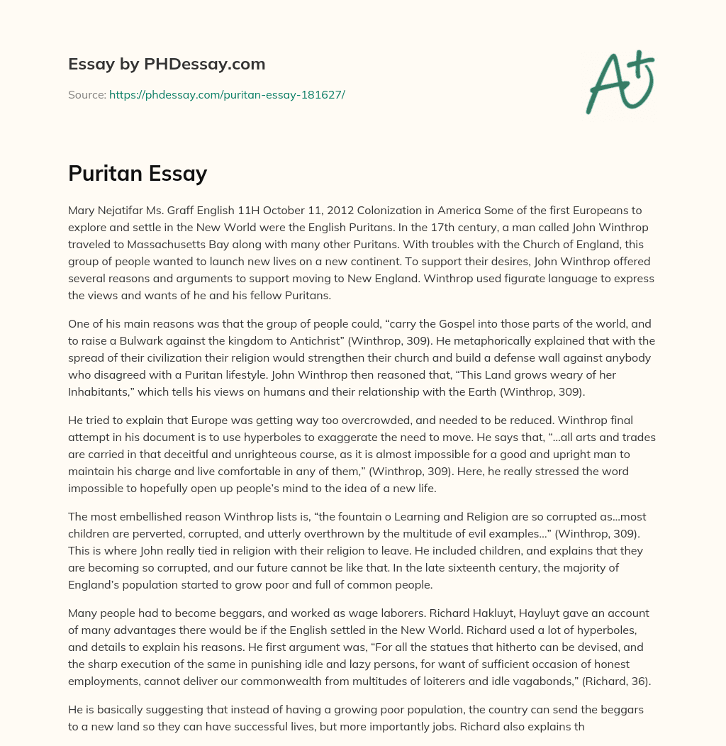 Puritan Essay essay