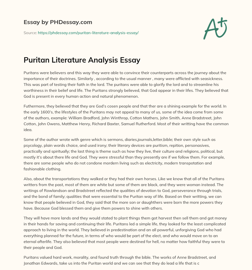 Puritan Literature Analysis Essay essay
