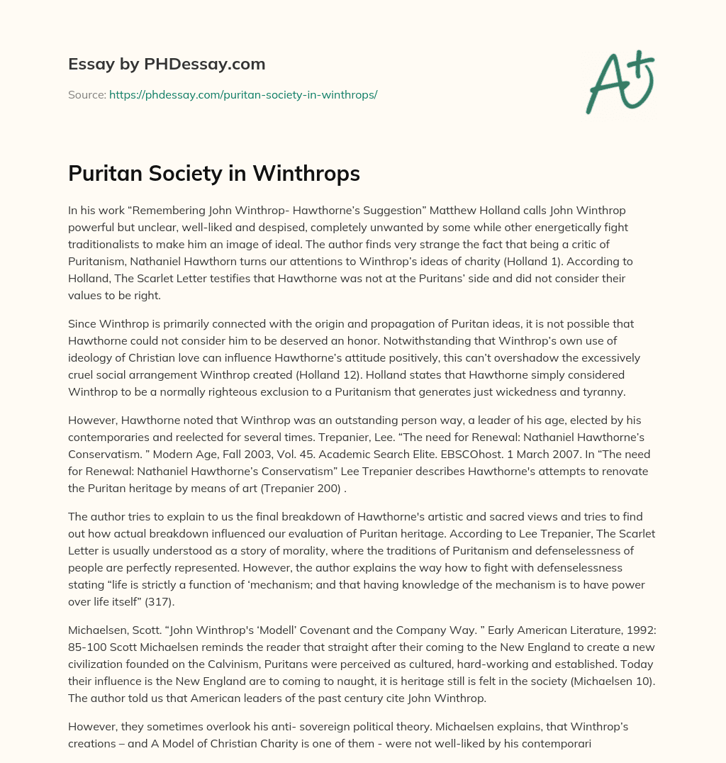 Puritan Society in Winthrops essay