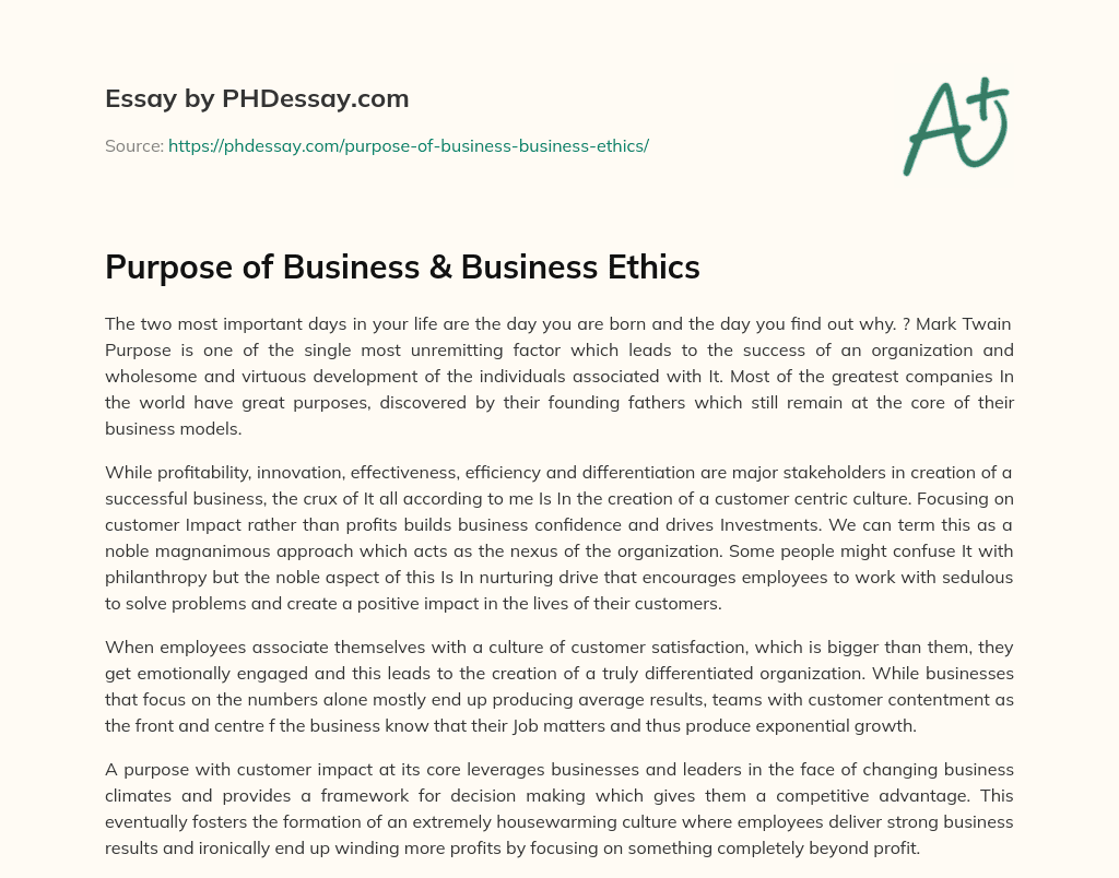 Purpose of Business & Business Ethics essay