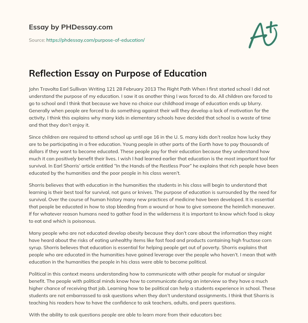 Reflection Essay on Purpose of Education essay