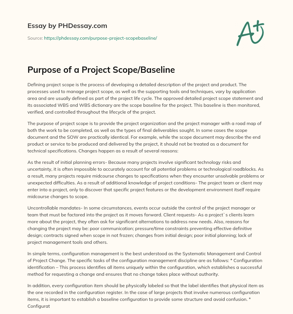 Purpose of a Project Scope/Baseline essay