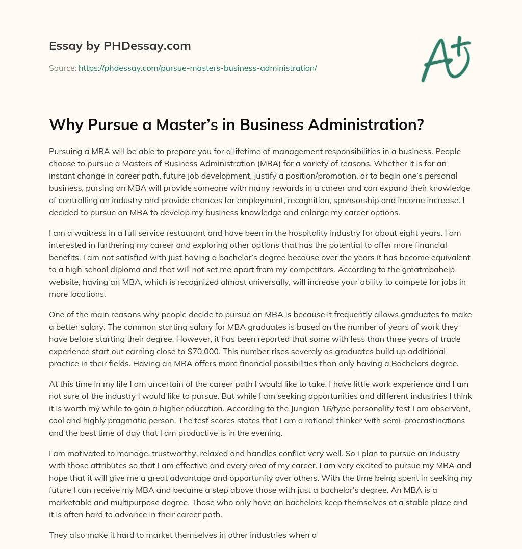 Why Pursue a Master’s in Business Administration? essay