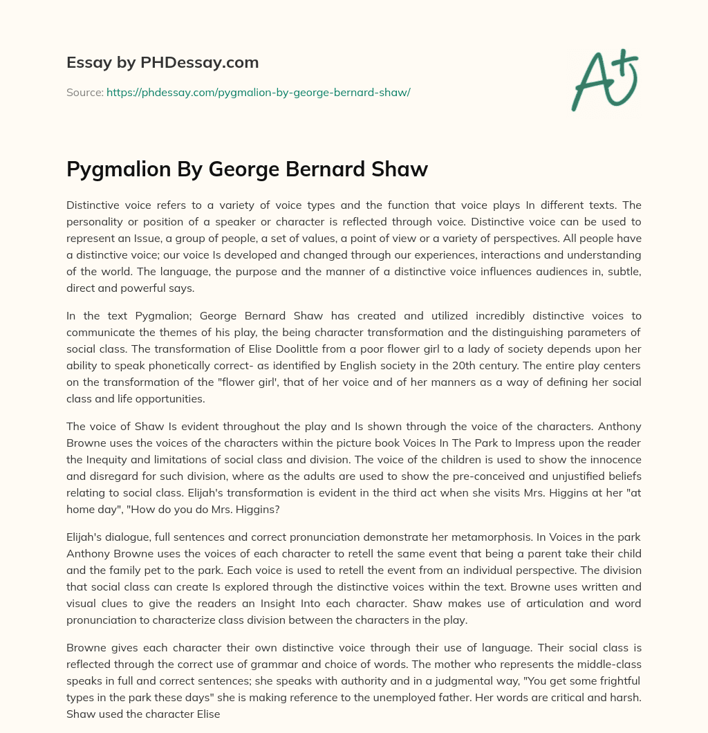 Pygmalion By George Bernard Shaw essay