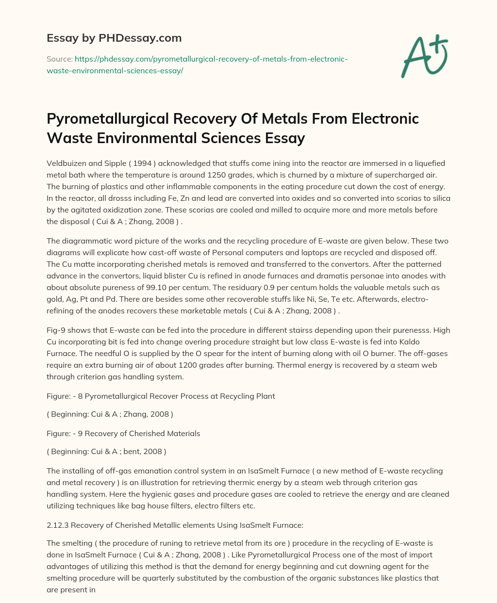 Pyrometallurgical Recovery Of Metals From Electronic Waste Environmental Sciences Essay essay