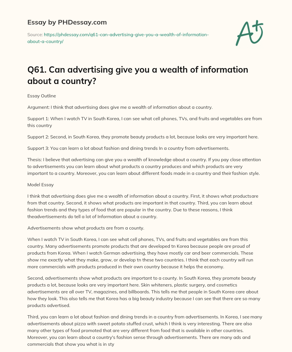 Q61. Can advertising give you a wealth of information about a country? essay