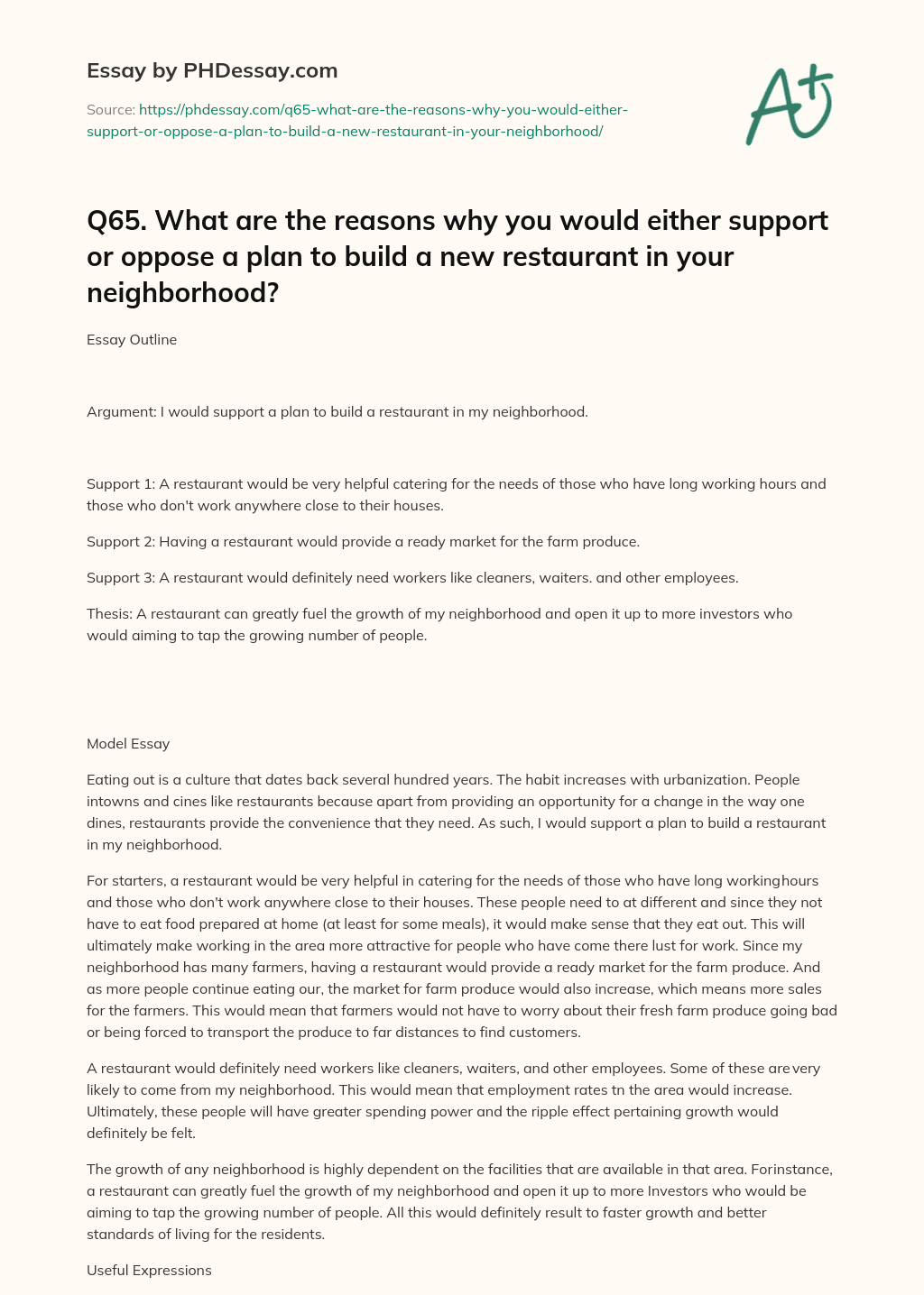 Q65. What are the reasons why you would either support or oppose a plan to build a new restaurant in your neighborhood? essay