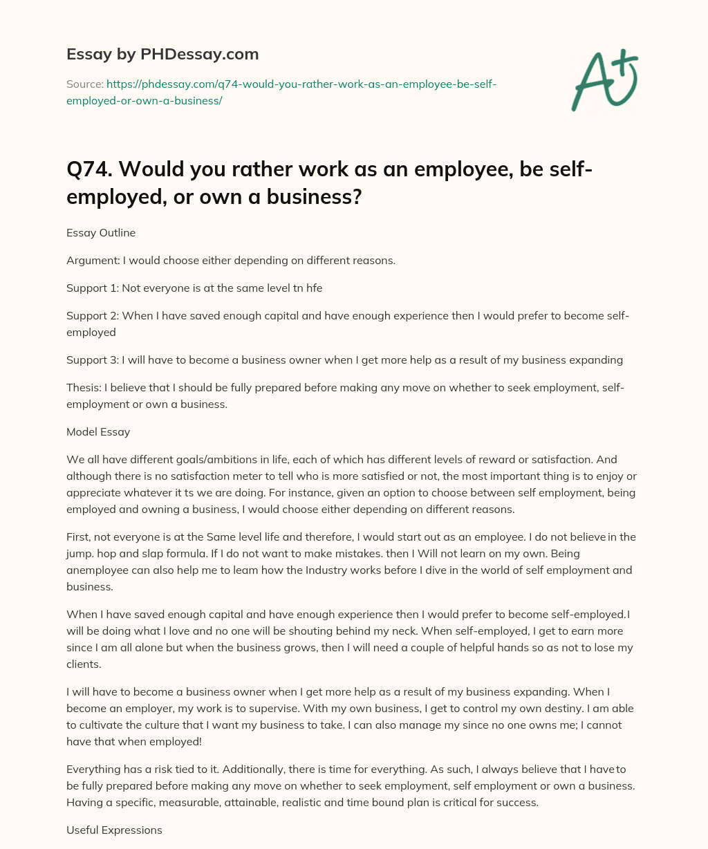 Q74. Would you rather work as an employee, be self-employed, or own a business? essay