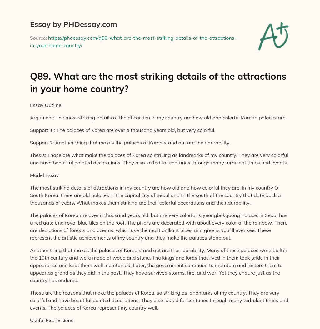 Q89. What are the most striking details of the attractions in your home country? essay