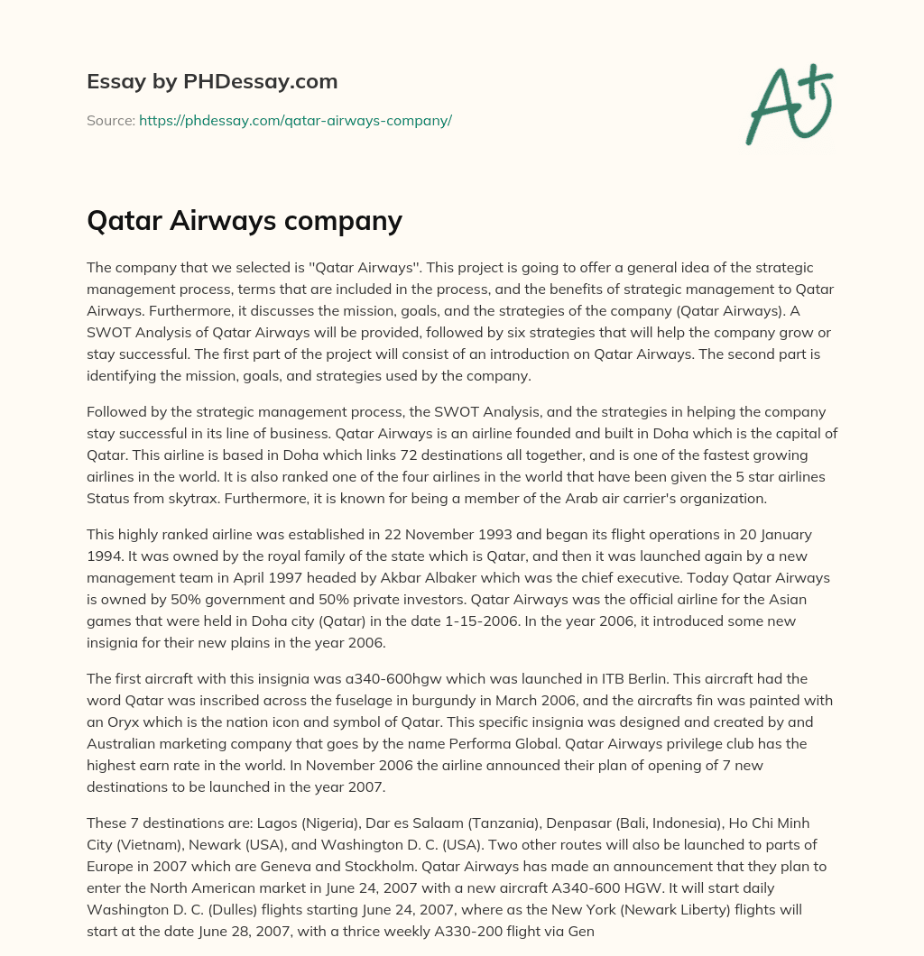 Qatar Airways company essay