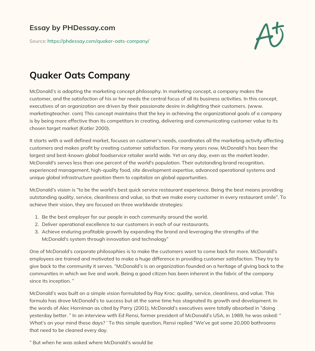 Quaker Oats Company essay