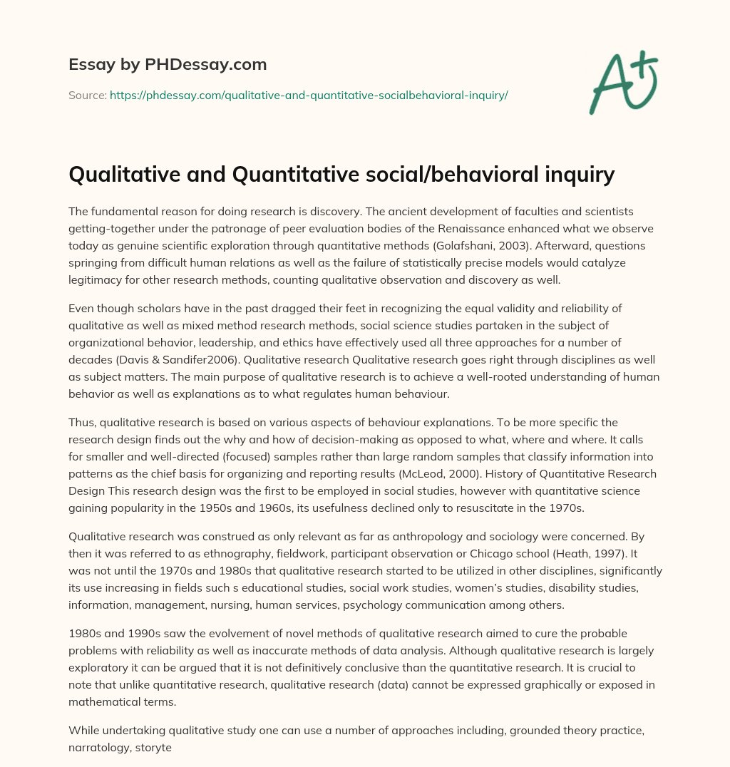 Qualitative and Quantitative social/behavioral inquiry essay