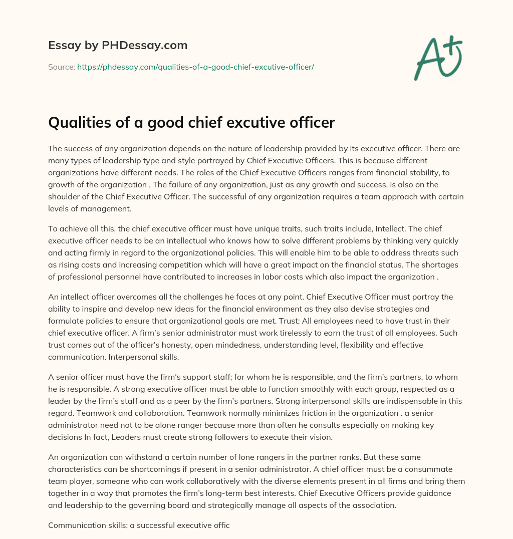 Qualities of a good chief  excutive officer essay