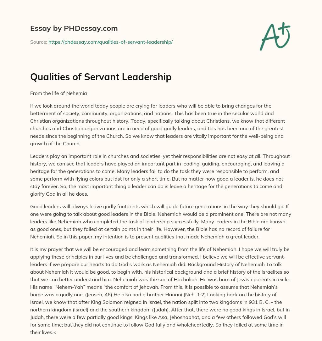 Qualities of Servant Leadership essay