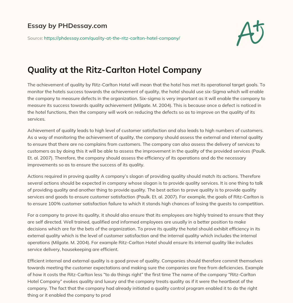 case study 2 quality at the ritz carlton hotel company