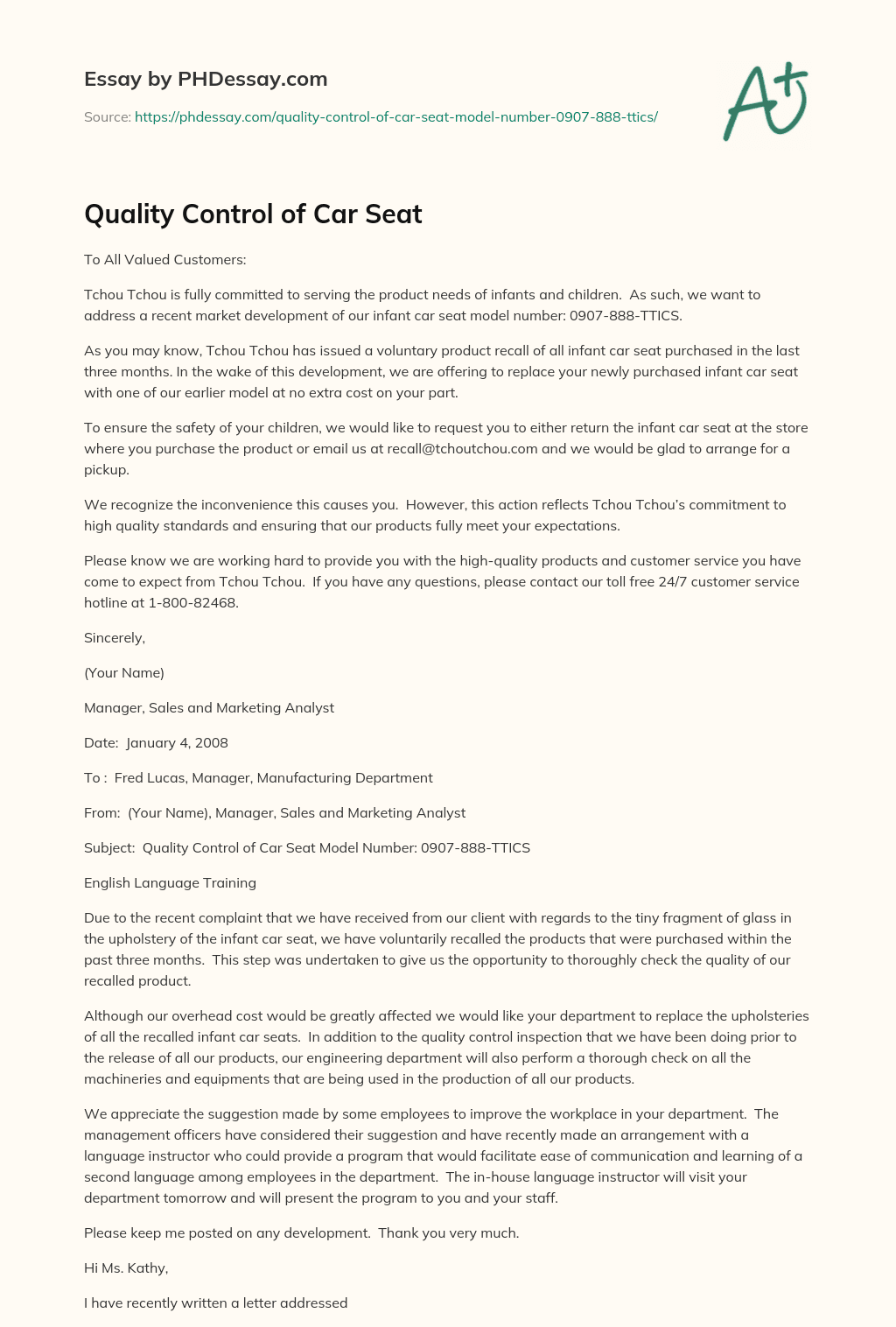 Quality Control of Car Seat essay