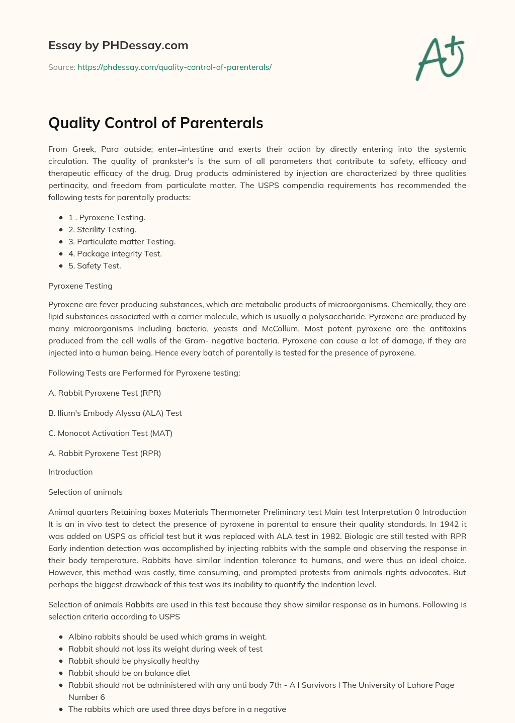 Quality Control of Parenterals essay