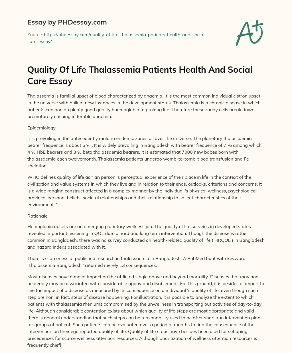 Quality Of Life Thalassemia Patients Health And Social Care Essay essay