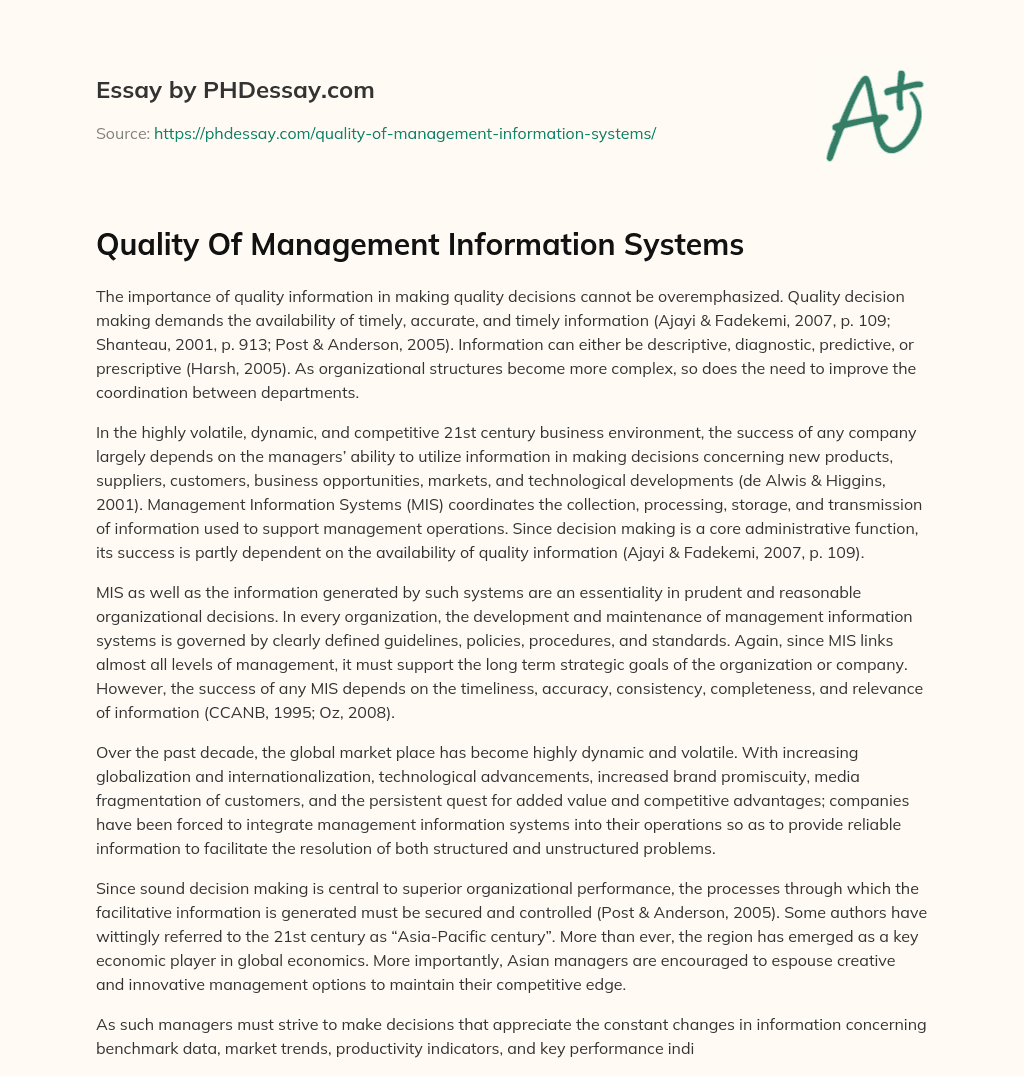 Quality Of Management Information Systems essay