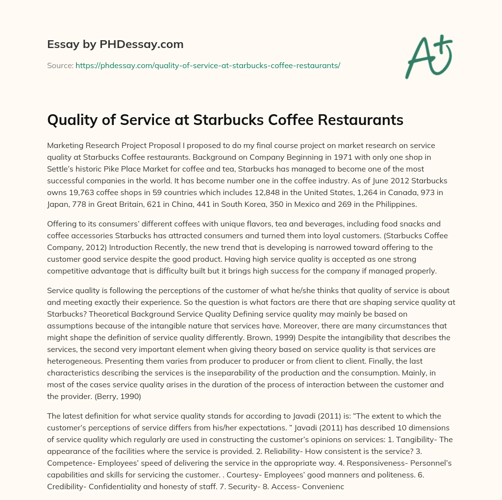 Quality of Service at Starbucks Coffee Restaurants essay