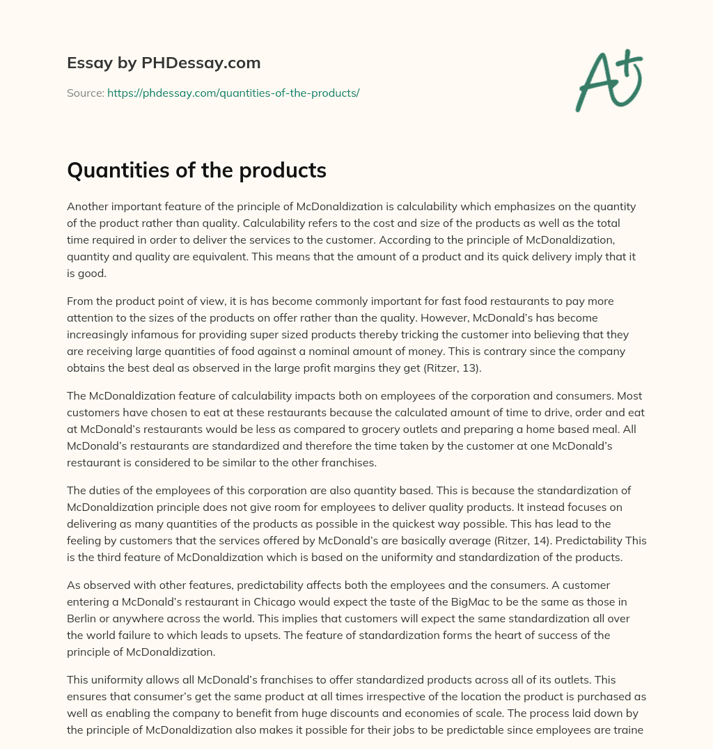 Quantities of the products essay