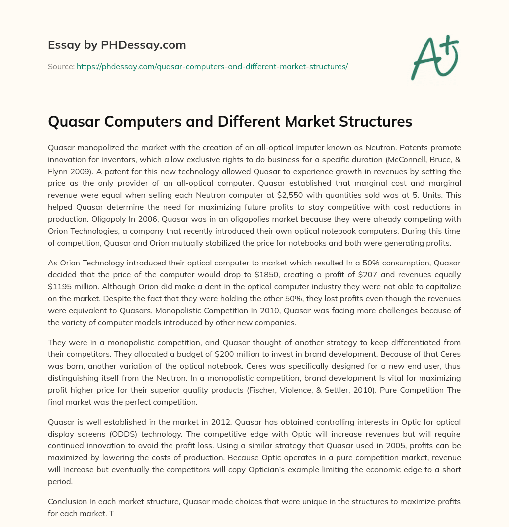 Quasar Computers and Different Market Structures essay