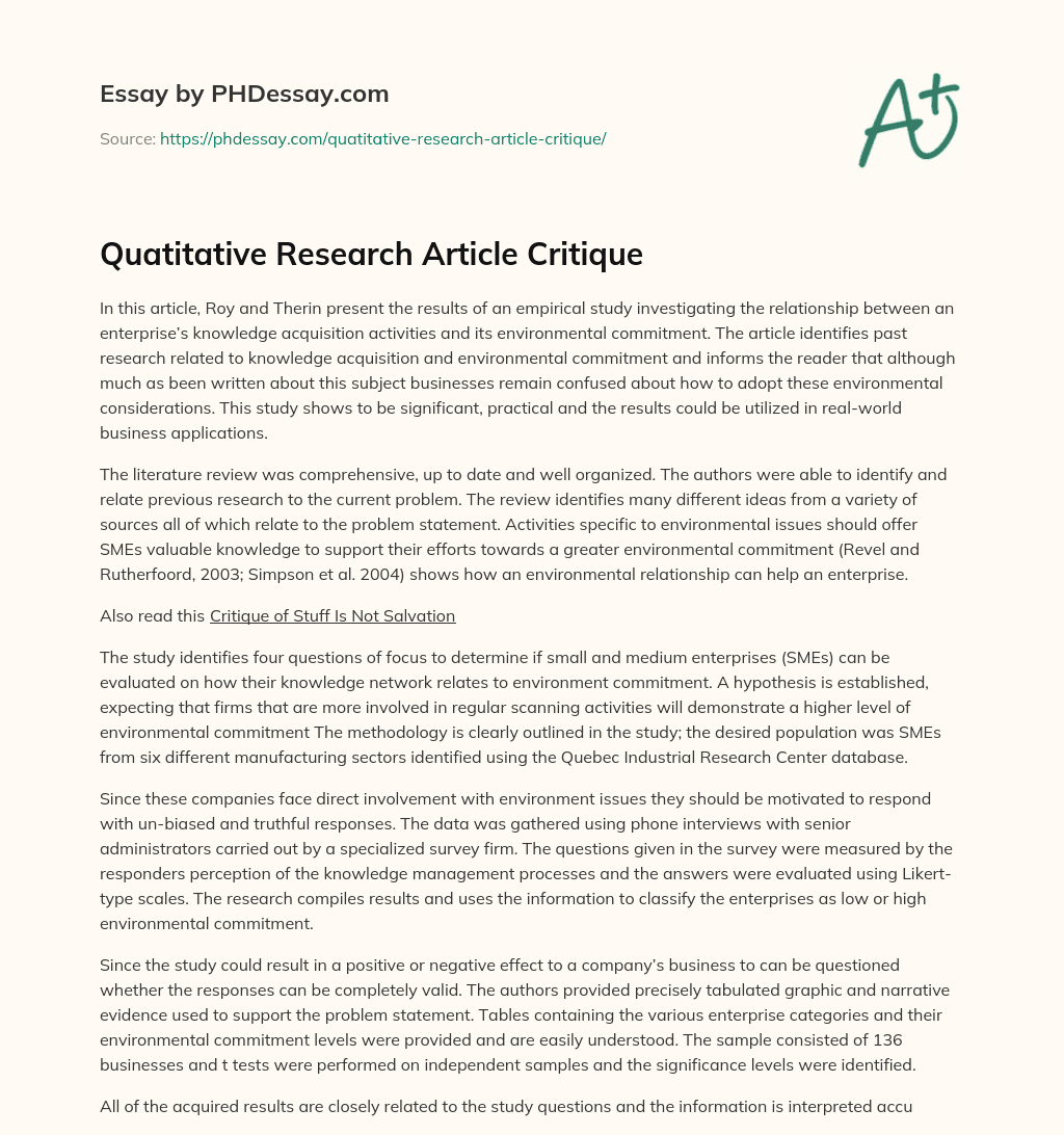 Quatitative Research Article Critique essay