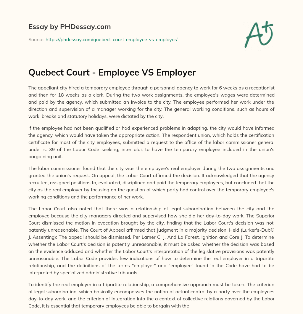 Quebect Court – Employee VS Employer essay