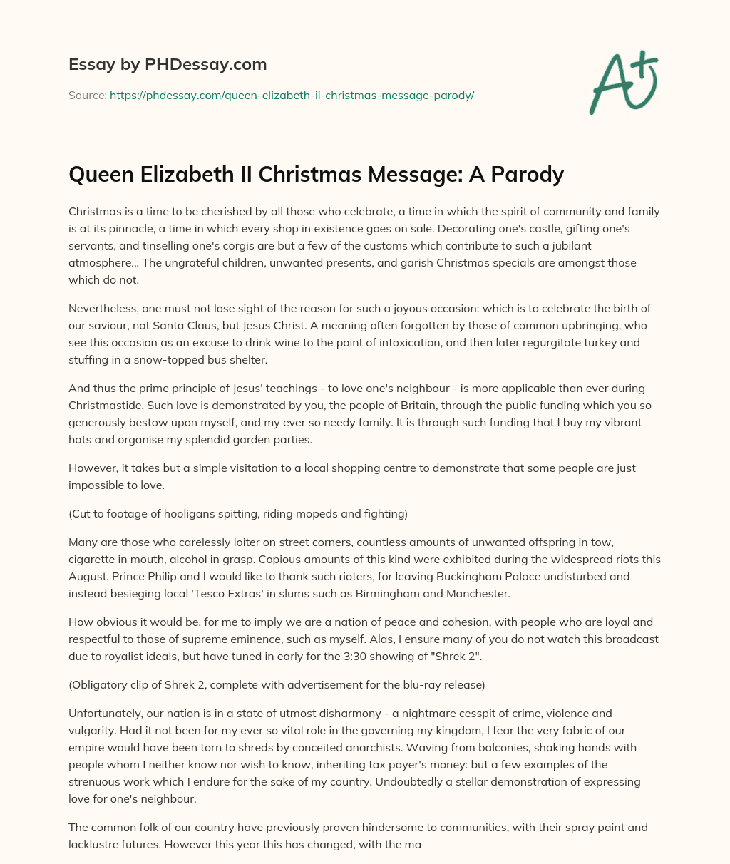 Queen Elizabeth II Christmas Message: A Parody - PHDessay.com