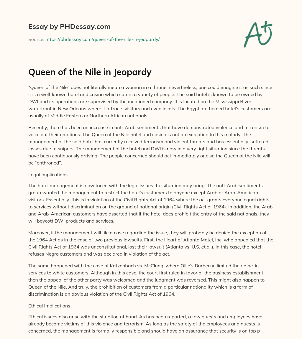 Queen of the Nile in Jeopardy essay