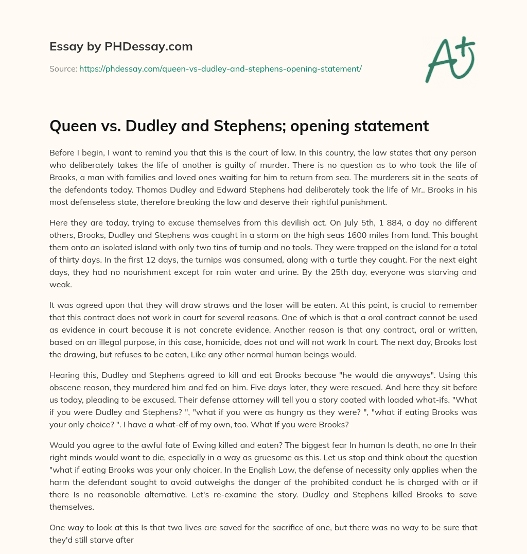 Queen vs. Dudley and Stephens; opening statement essay