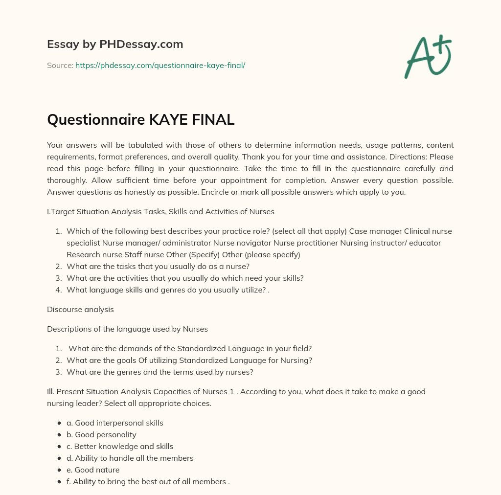 Questionnaire KAYE FINAL essay