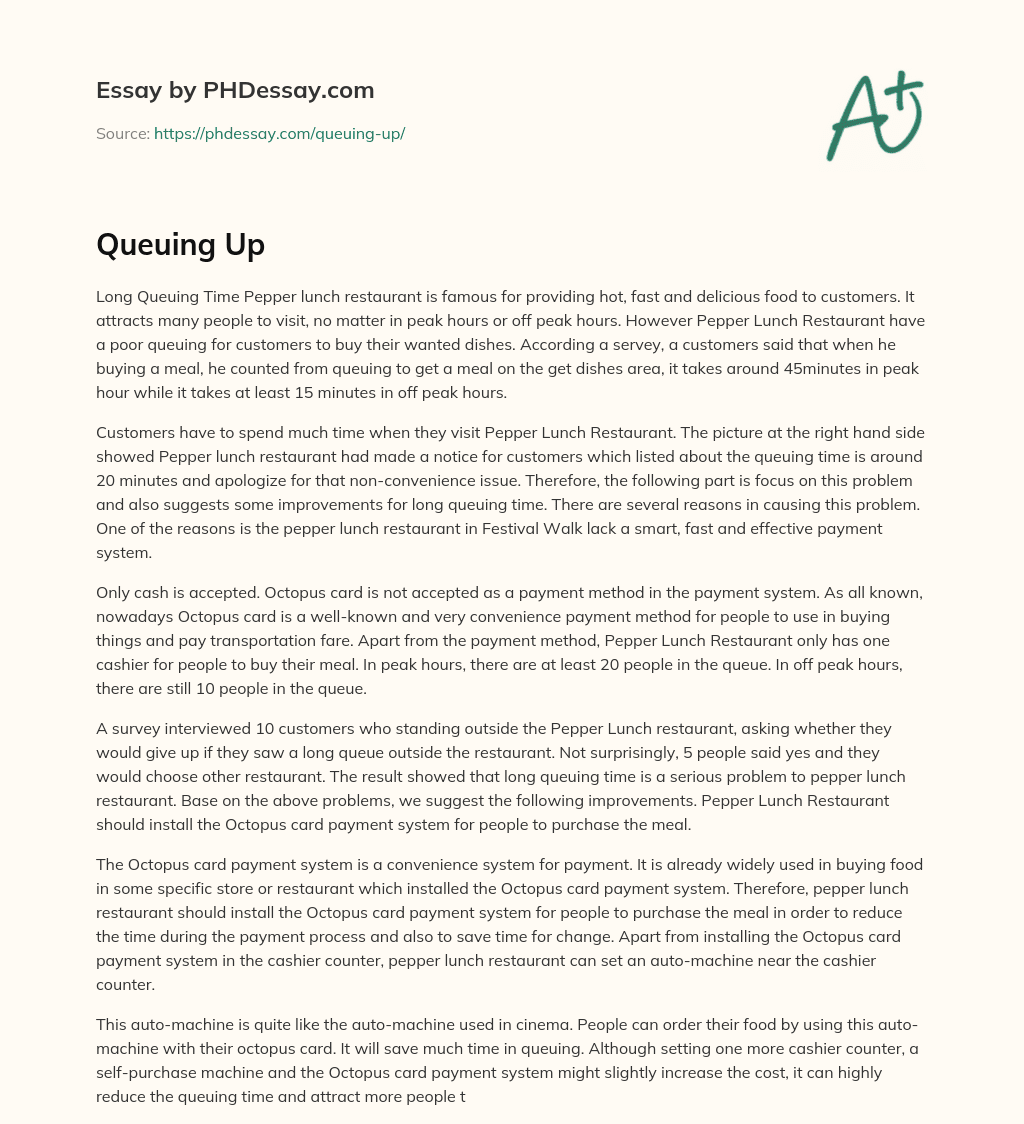 Pepper Lunch Restaurant’s Long Queuing Time and Suggested Improvements essay