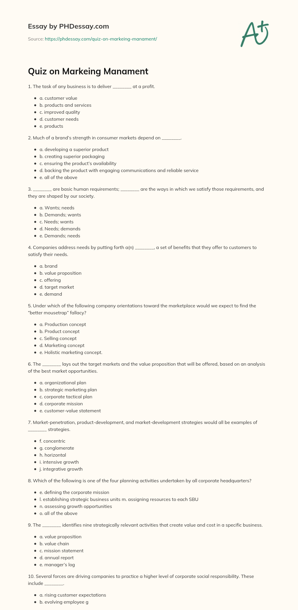 Quiz on Markeing Manament essay