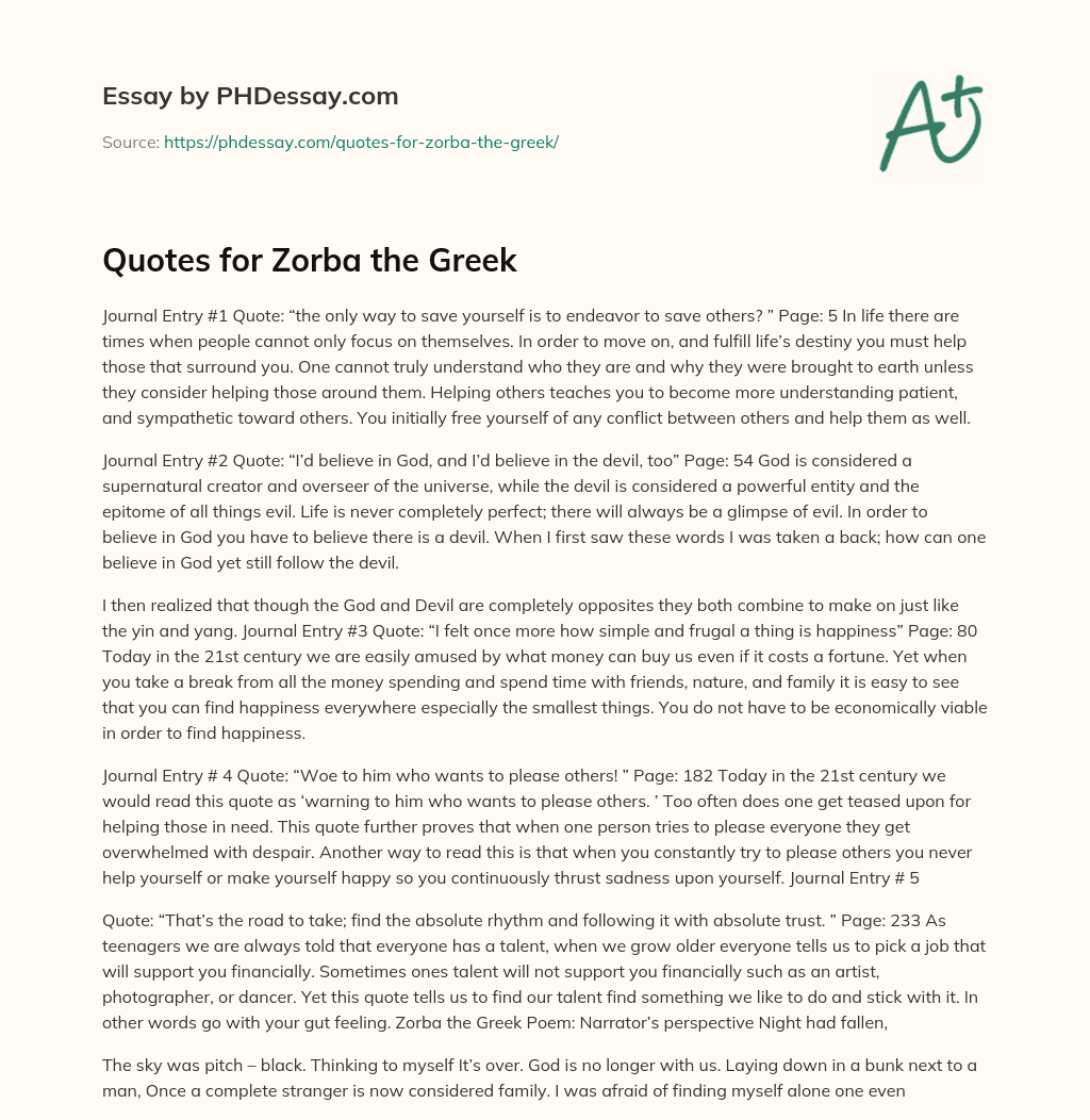 Quotes for Zorba the Greek essay